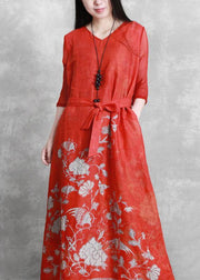 Women red print Robes v neck tie waist Maxi Dresses - SooLinen