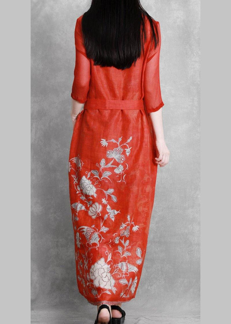 Women red print Robes v neck tie waist Maxi Dresses - SooLinen