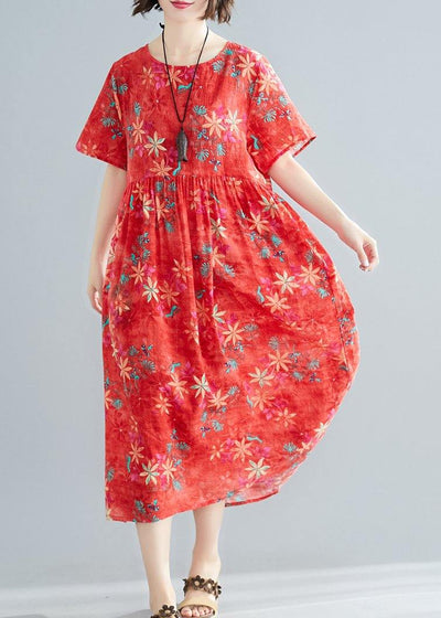 Women red print cotton clothes o neck patchwork Cinched Traveling summer Dress - SooLinen