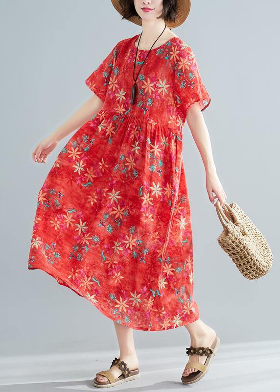 Women red print cotton clothes o neck patchwork Cinched Traveling summer Dress - SooLinen