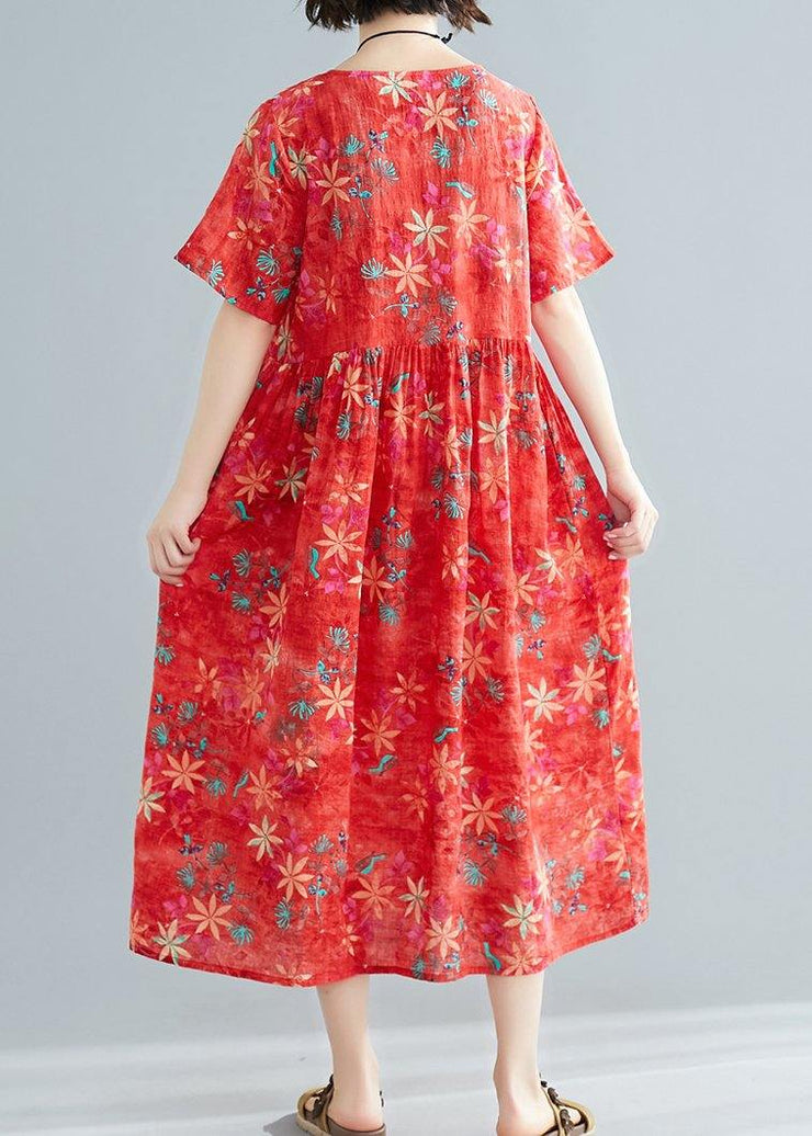 Women red print cotton clothes o neck patchwork Cinched Traveling summer Dress - SooLinen