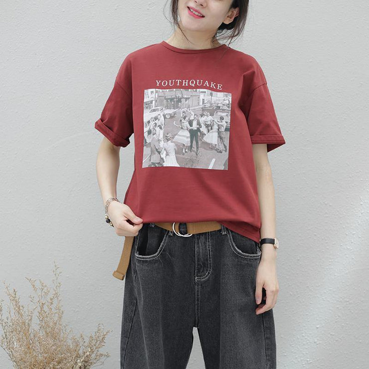 Women red print cotton top silhouette o neck baggy summer shirt - SooLinen