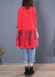 Women red print cotton tunics stand collar patchwork cotton fall blouse - SooLinen