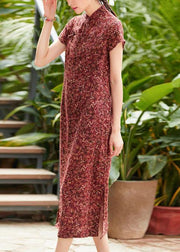 Women red print linen cotton clothes stand collar side open Dresses summer Dresses - SooLinen