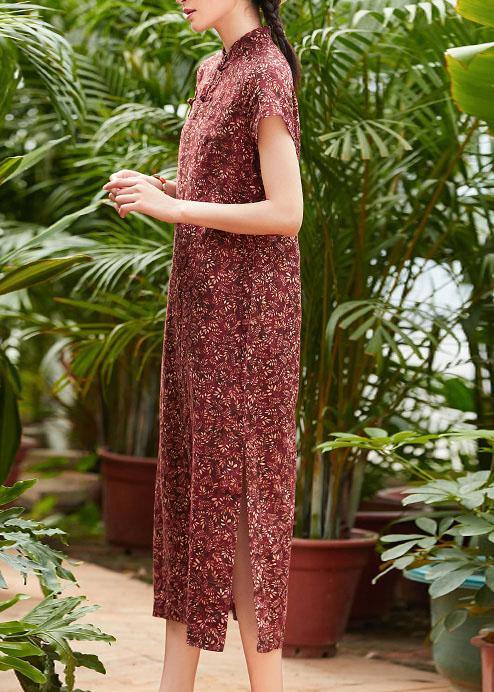 Women red print linen cotton clothes stand collar side open Dresses summer Dresses - SooLinen