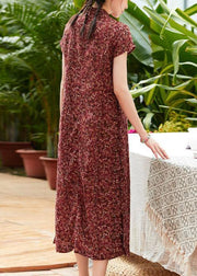 Women red print linen cotton clothes stand collar side open Dresses summer Dresses - SooLinen