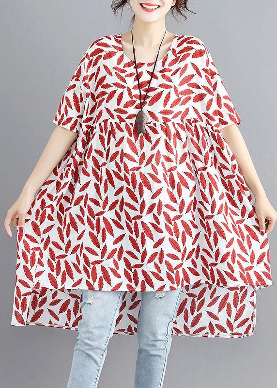 Women red print linen cotton o neck asymmetric summer Dress - SooLinen