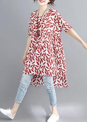 Women red print linen cotton o neck asymmetric summer Dress - SooLinen