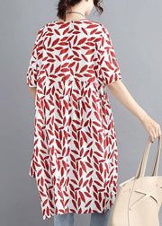 Women red print linen cotton o neck asymmetric summer Dress - SooLinen