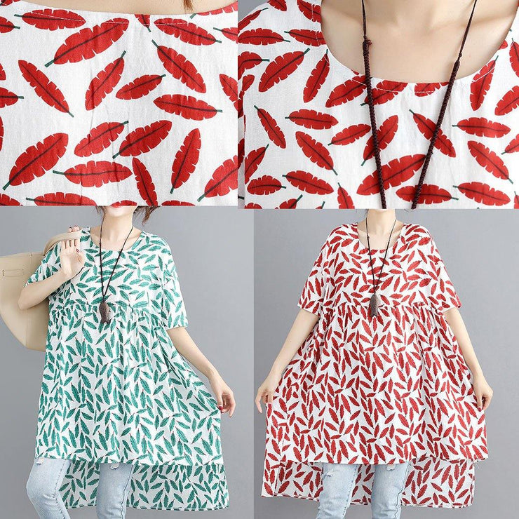 Women red print linen cotton o neck asymmetric summer Dress - SooLinen