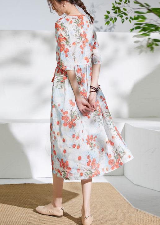 Women red print linen dress v neck tie waist loose Dress - SooLinen