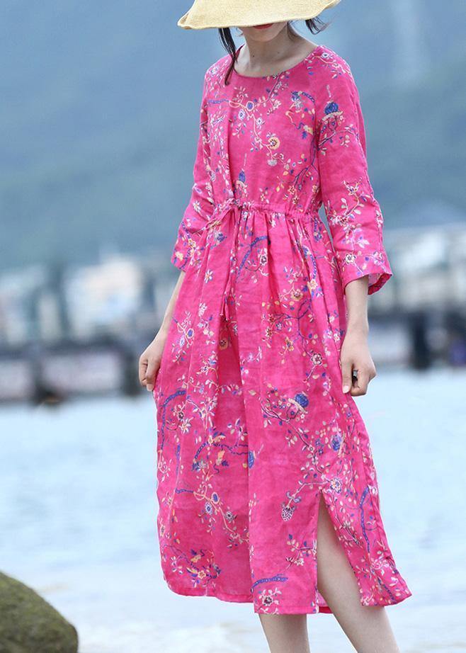 Women rose linen Long Shirts drawstring long prints Dress - SooLinen