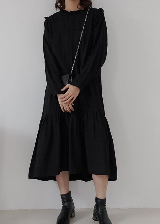 Women ruffles cotton stand collar tunics for women Photography black loose Dress - SooLinen