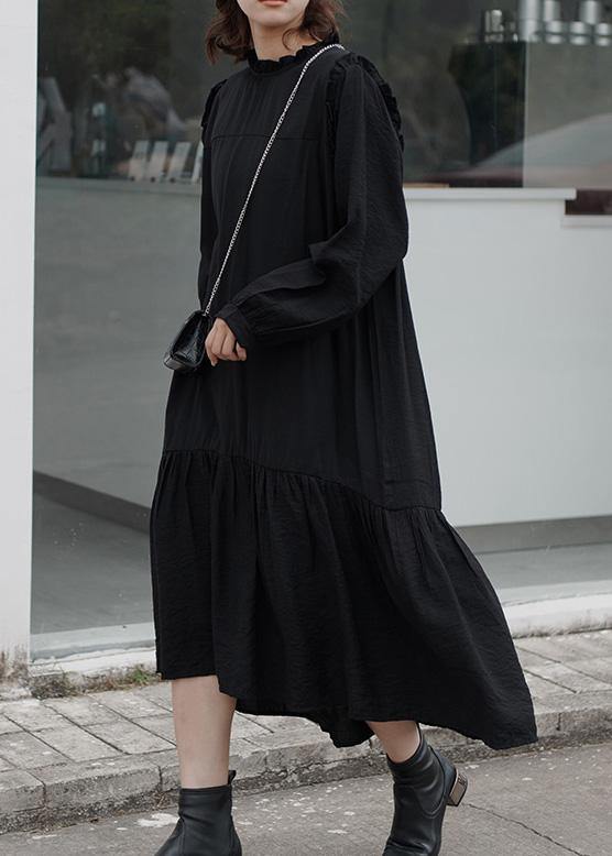 Women ruffles cotton stand collar tunics for women Photography black loose Dress - SooLinen