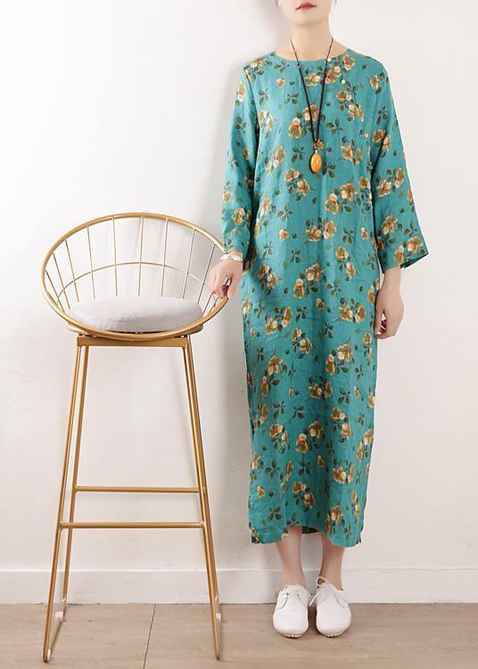 Women side open linen clothes For Women Shape blue floral Dress summer - SooLinen