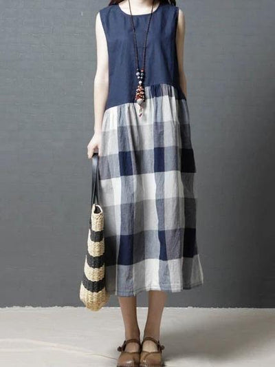 Women sleeveless linen clothes For Wardrobes blue patchwork Plaid Dresses - SooLinen