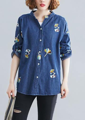 Women stand collar embroidery cotton spring clothes For Women Outfits dark blue blouse - SooLinen