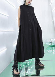 Women stand collar pockets cotton summer dresses Sewing black long Dresses - SooLinen