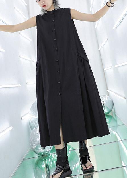 Women stand collar pockets cotton summer dresses Sewing black long Dresses - SooLinen