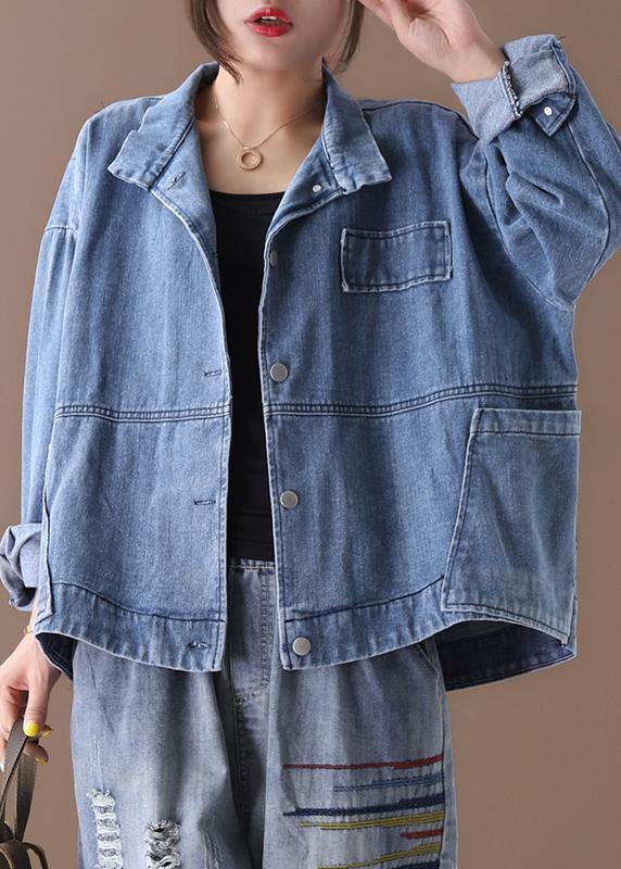 Women stand collar fine casual coats denim blue coats - SooLinen