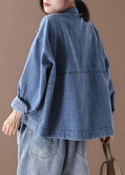 Women stand collar fine casual coats denim blue coats - SooLinen