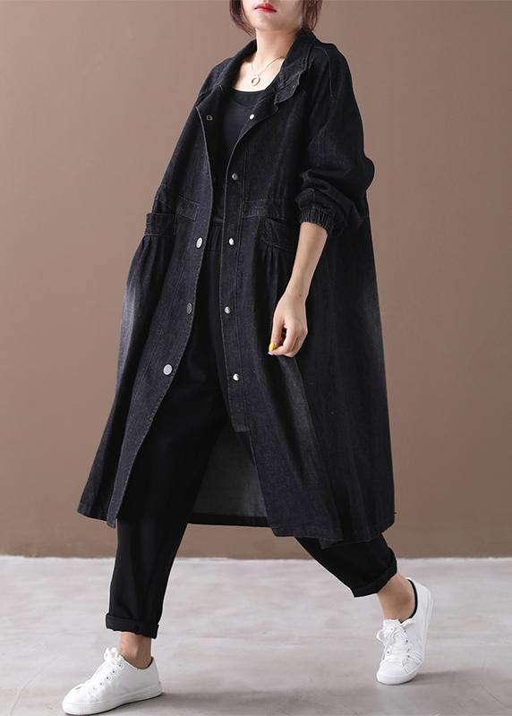 Women stand collar Cinched Fashion coat denim black loose outwears - SooLinen