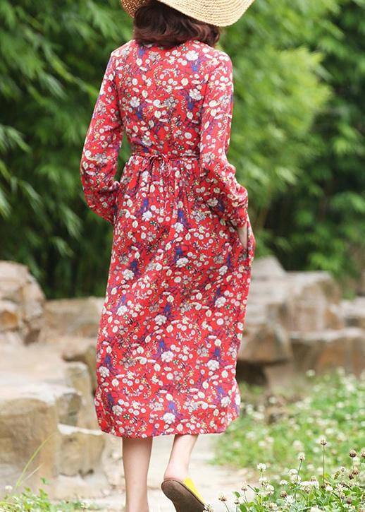 Women stand neck linen high neck clothes Fashion Ideas red floral Dress - SooLinen