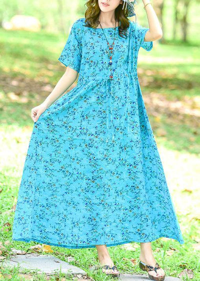 Women tie waist cotton dress Tutorials blue print long Dress summer - SooLinen