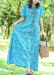 Women tie waist cotton dress Tutorials blue print long Dress summer - SooLinen