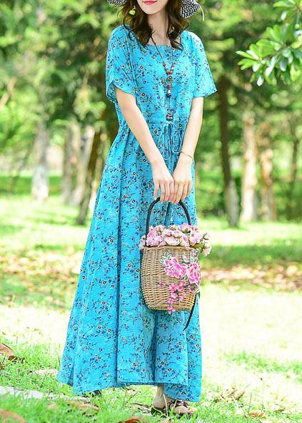 Women tie waist cotton dress Tutorials blue print long Dress summer - SooLinen