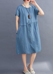 Women tie waist o neck linen summer Robes Wardrobes blue Dress - SooLinen