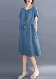 Women tie waist o neck linen summer Robes Wardrobes blue Dress - SooLinen