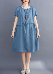 Women tie waist o neck linen summer Robes Wardrobes blue Dress - SooLinen