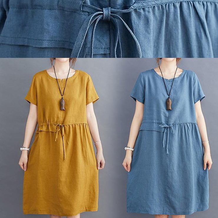 Women tie waist o neck linen summer Robes Wardrobes blue Dress - SooLinen