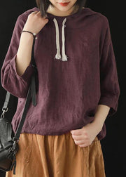 Women top silhouette 2019 Linen Summer Literary burgundy Hooded Three Quarter Sleeve T-shirt - SooLinen