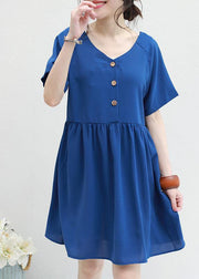 Women two ways to wear chiffon tunic top Sewing blue v neck Dress summer - SooLinen