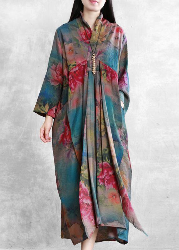 Women v neck asymmetric clothes Tunic Tops floral Dresses - SooLinen