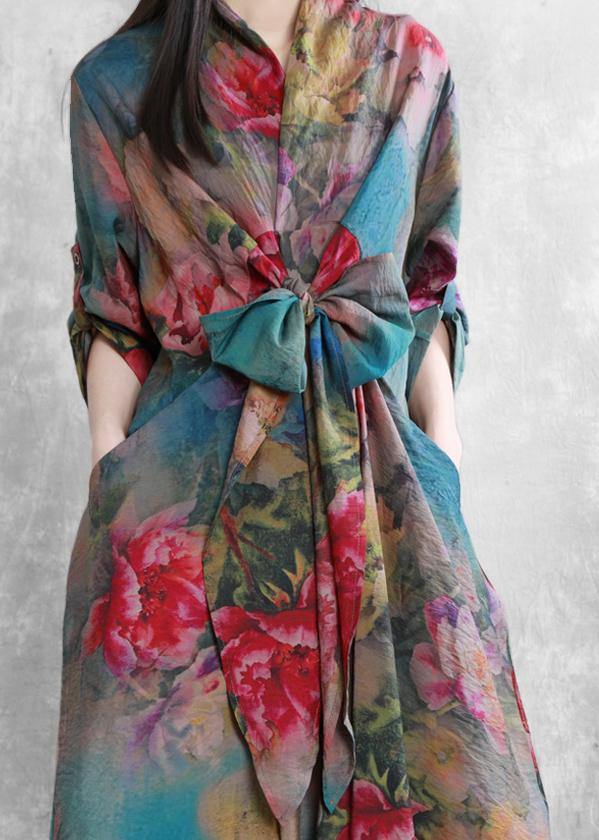 Women v neck asymmetric clothes Tunic Tops floral Dresses - SooLinen