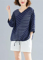 Women v neck cotton linen shirts blue striped short blouses summer - SooLinen