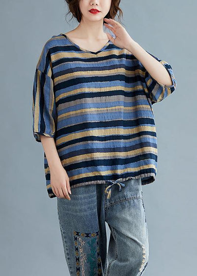 Women v neck cotton summerTunic blue striped tunic top - SooLinen