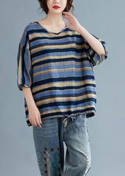 Women v neck cotton summerTunic blue striped tunic top - SooLinen