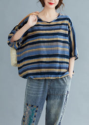 Women v neck cotton summerTunic blue striped tunic top - SooLinen