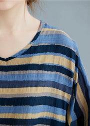 Women v neck cotton summerTunic blue striped tunic top - SooLinen