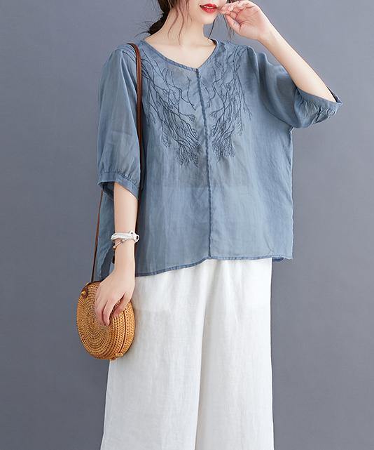 Women v neck embroidery tops women pattern blue blouse - SooLinen