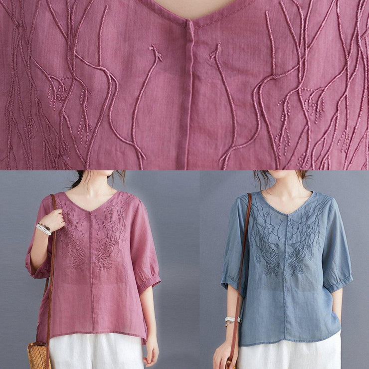 Women v neck embroidery tops women pattern blue blouse - SooLinen