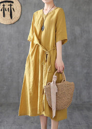 Women v neck linen clothes Online Shopping yellow Dresses - SooLinen