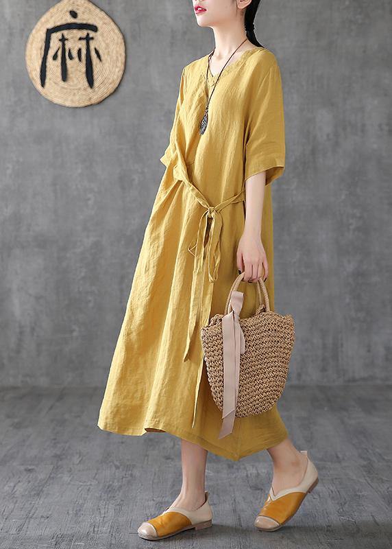 Women v neck linen clothes Online Shopping yellow Dresses - SooLinen