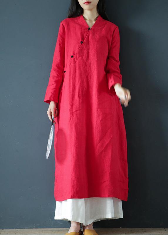 Women v neck long sleeve Tunics Outfits red Maxi Dress - SooLinen