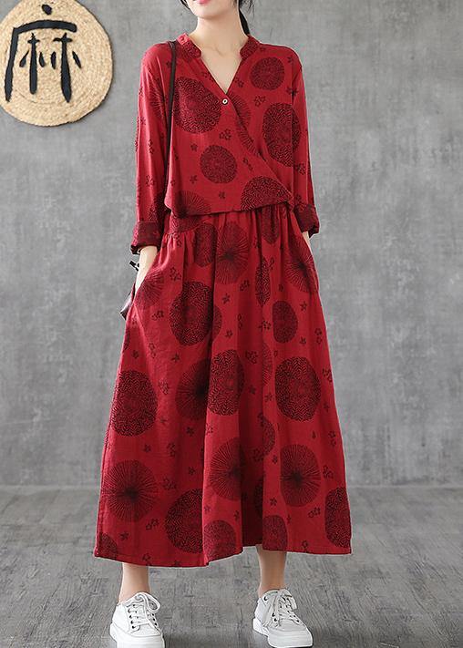 Women v neck patchwork cotton clothes red embroidery long Dresses - SooLinen