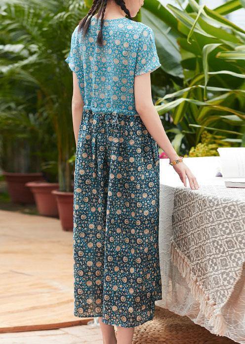 Women v neck patchwork linen clothes Women Fabrics blue print Kaftan Dresses summer - SooLinen